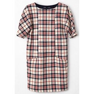 ZARA Basic Plaid Shift Dress‎ XS Red Navy Cream Textured Short Sleeve